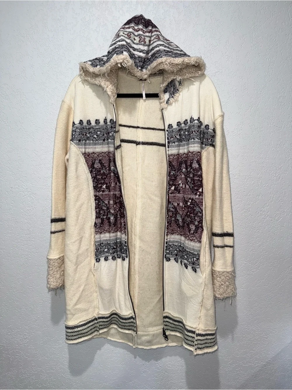 Free People Cream Hooded Zip Nordic Jacket